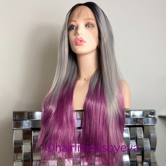 Ombré wig Swiss lace front gray purple dark roots main image 8